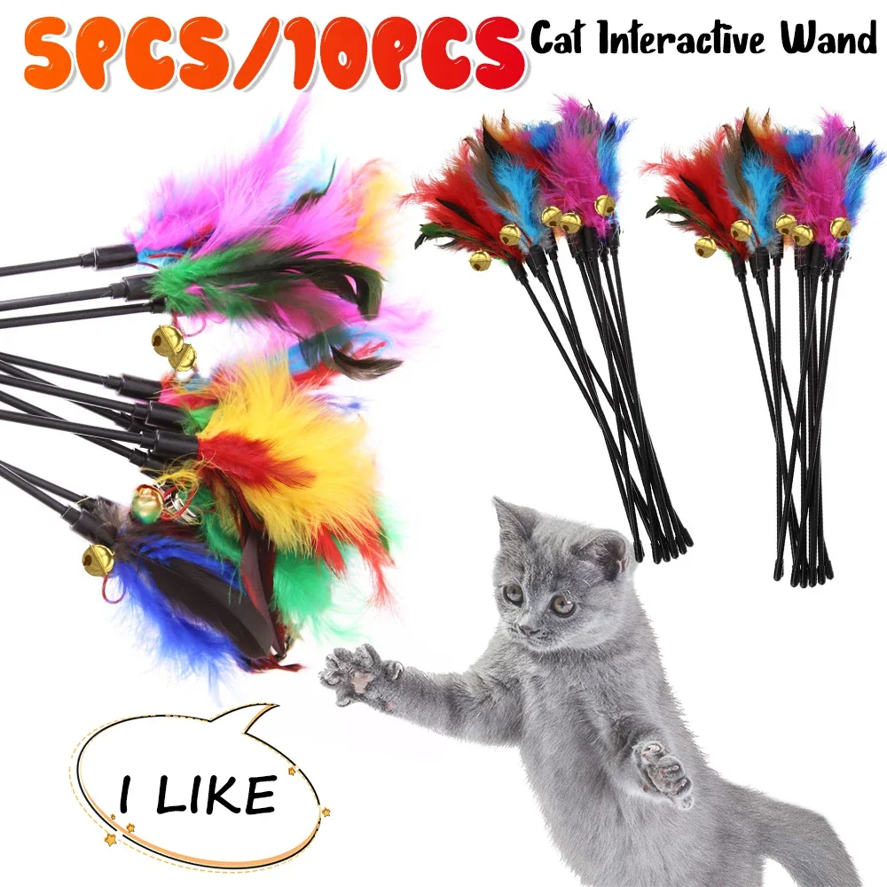 5pcs/set Cat Interactive Wand Colorful Feather Chicken Feather Cat Stick Bell Portable Creative Fashion Novelty Pet Cat Supplies