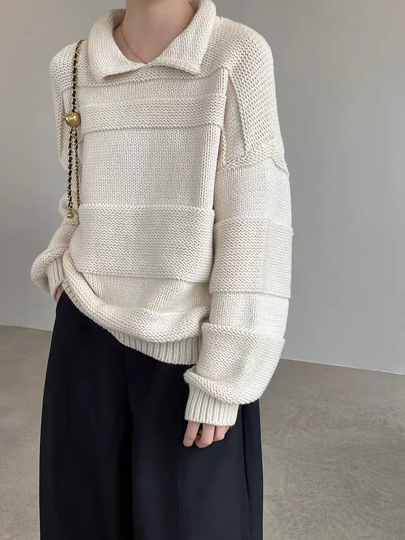 Retro Thick Needle Lapel Lazy Style Pullover Sweater for Autumn and Winter, Warm and Loose Knit Sweater Top for Women