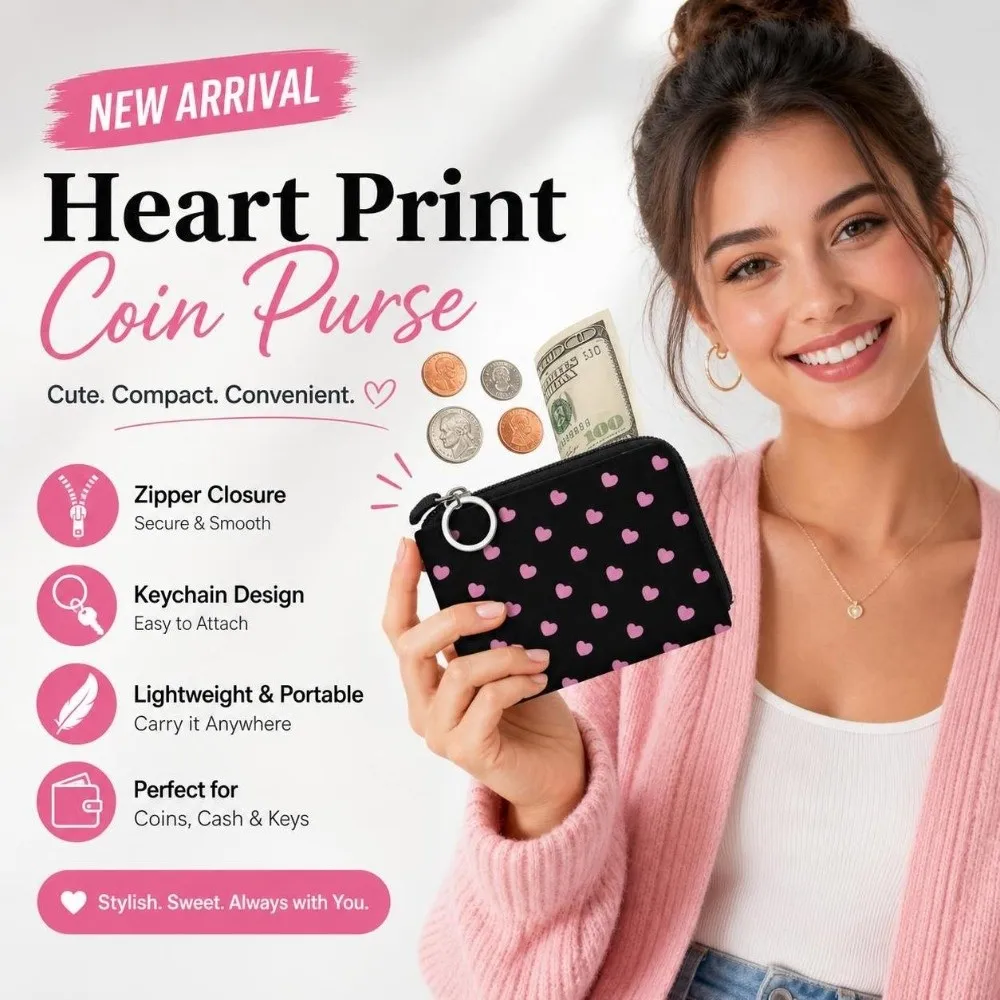Love Heart Black Coin Purse with Key Ring Easy Access Zipper Makeup Bag Zip Pouch Printed Coin Key Card Holder Holiday Gift