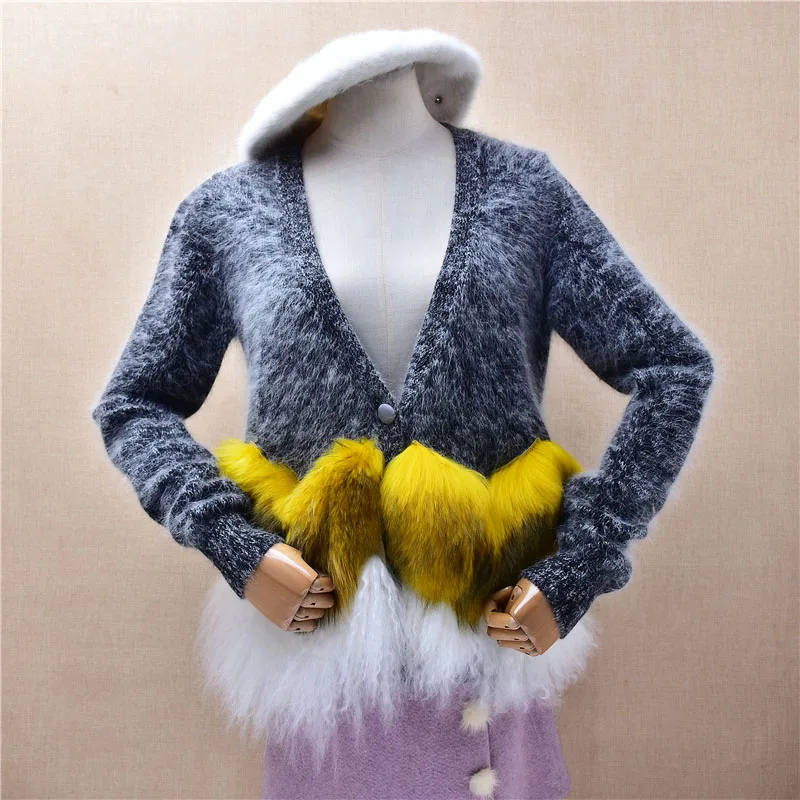 

Женский модный кардиган-свитер из ангоры с V-образным вырезом, длинными рукавами, меховыми карманами, свободного кроя, осенне-зимний