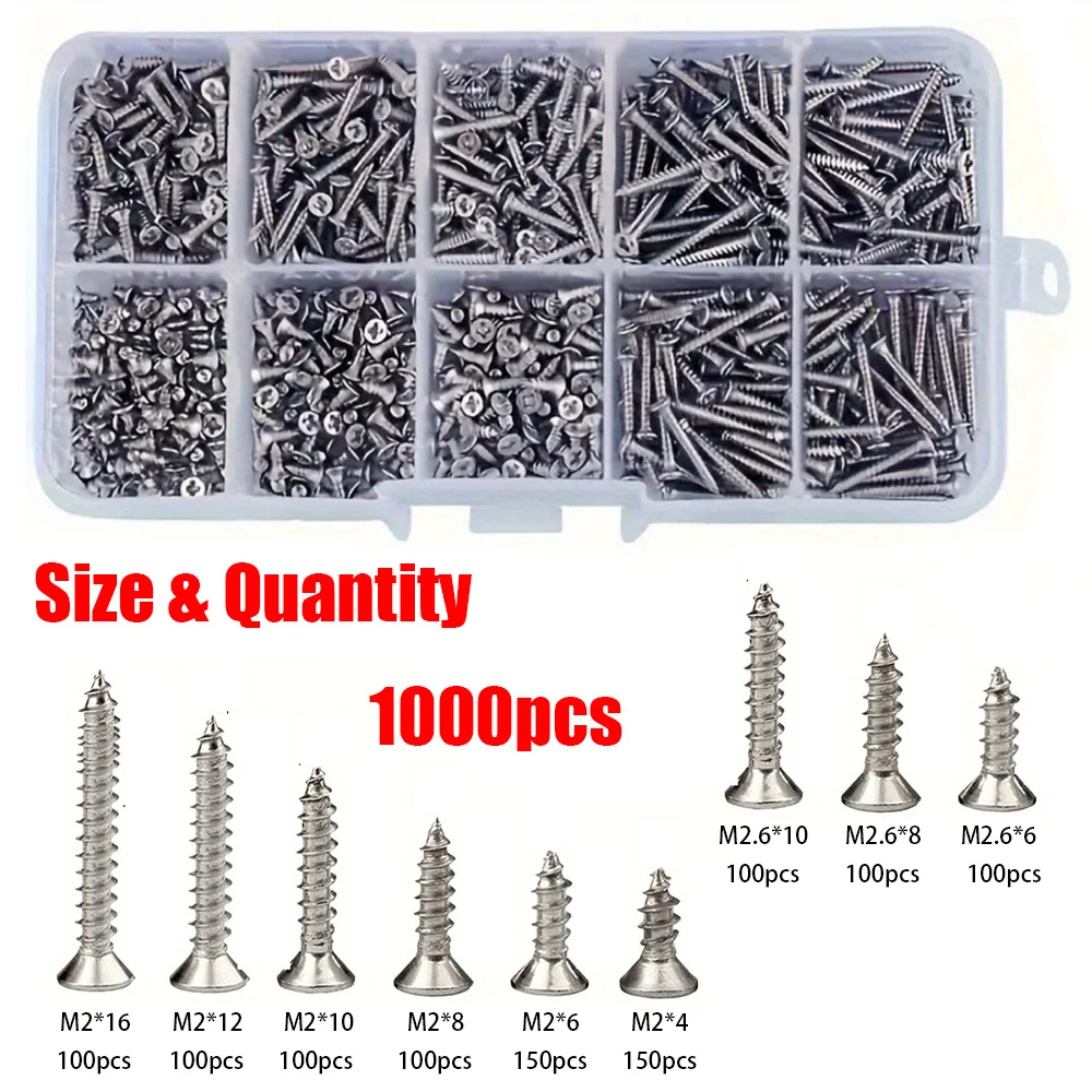 1000 Miniature Stainless Steel Self-Tapping Screws M2, Self-Locking Wood Screw Kit, Suitable for Fastening Wood and Metal