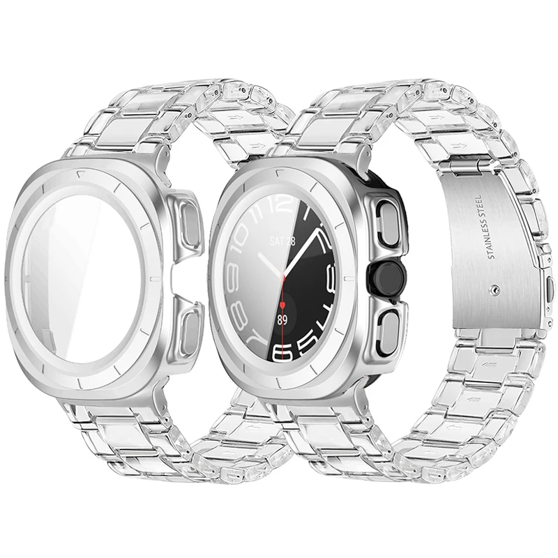 Clear Resin Strap for Galaxy Watch 7 Ultra 47mm Bracelet+Cover for samsung galaxy watch 7ultra 47mm Bands PC+Tempered glass film