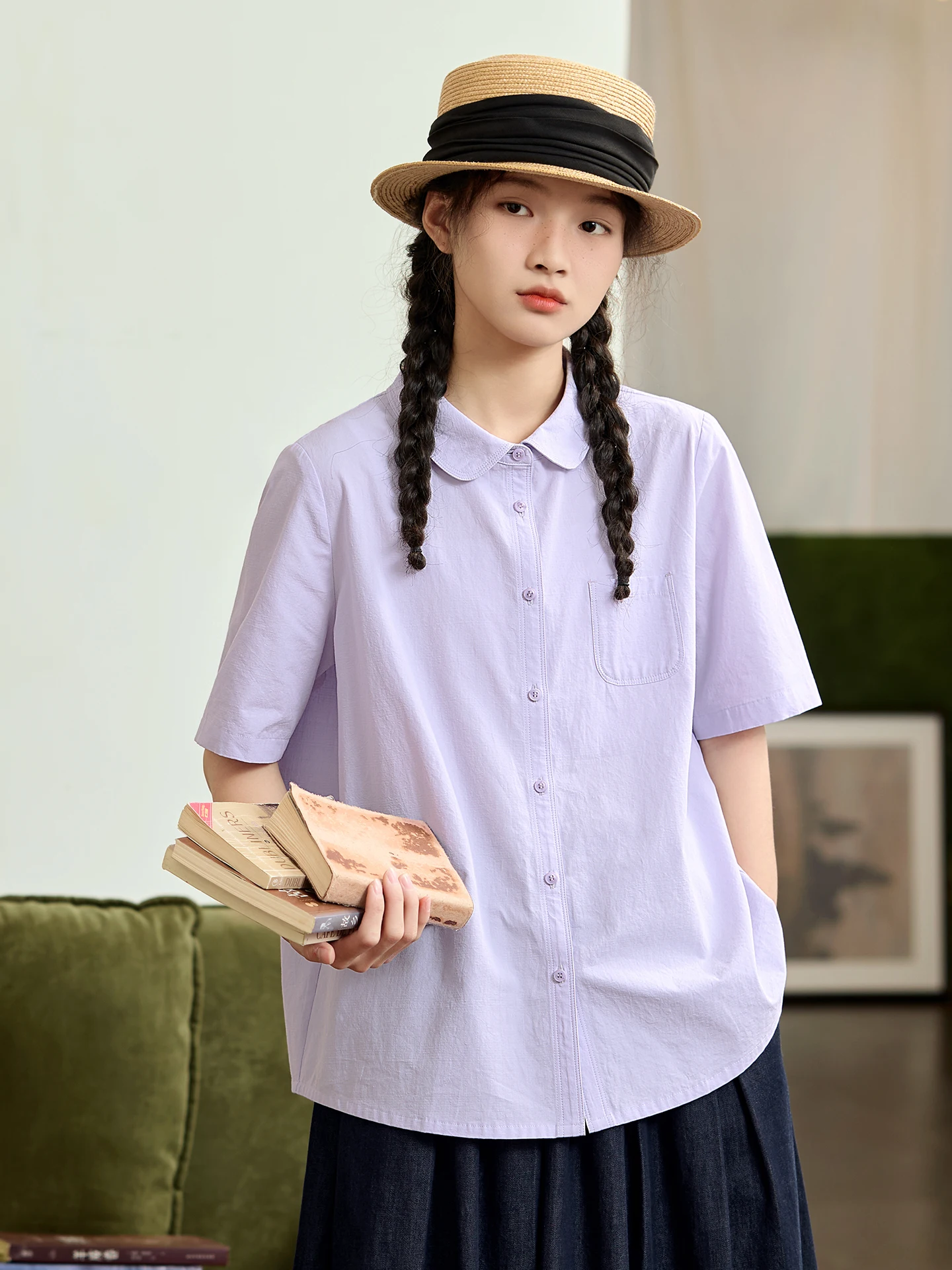 

Loose Cotton Shirt Women's Original Japanese Style Pure Cotton Turn-down Collar Summer Top Purple Color Short Sleeve Shirt