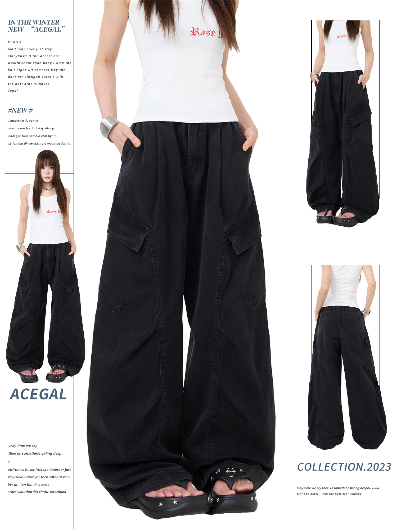 Retro American Black Work Trousers Women's High Street Side Large Pocket Knife  Pants Deconstructed Wide Leg Trousers
