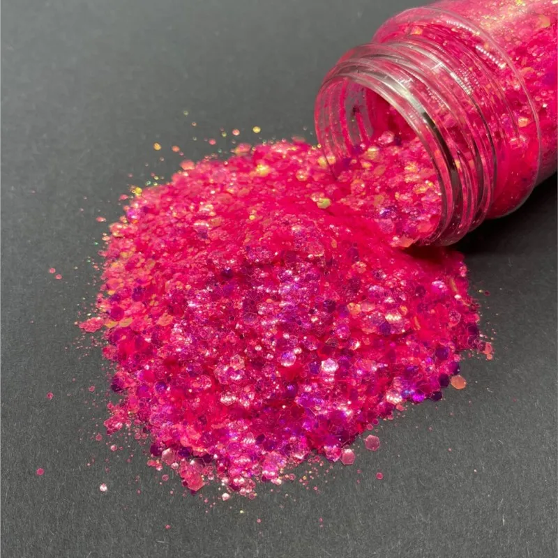 50g Hot Pink Iridescent Chunky Glitter Powder Ultra-thin Mix Hexagon Neon Nail Sequins Sparkle Nail Art  UV Polish SuppliesGH43