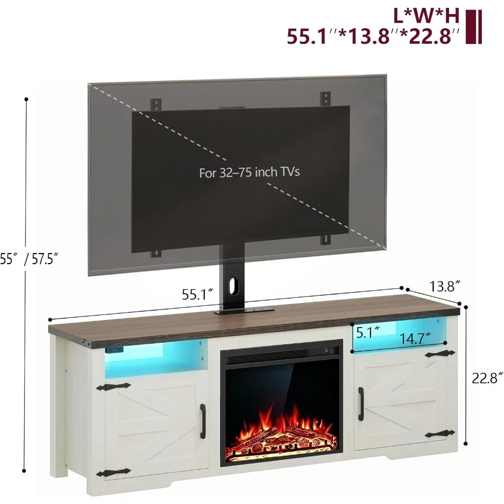 Fireplace TV Stand with Mount & Charging Station LED Lights Farmhouse TVs Console with Barn Door Electric Fireplace TV Console