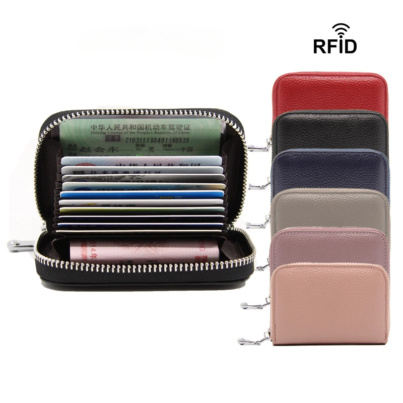 

Small Zipper Wallet Solid Coin Purse Soft Top Cowhide Card Holder RFID Anti-degaussing Men ID Business Credit Card Bag for Women