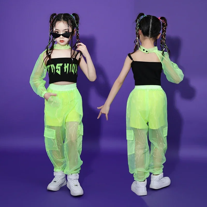 

Kids Ballroom Outfits Hip Hop Clothing Green Crop Tops Street Wear Cargo Mesh Pants For Teen Girls Jazz Dance Costumes Clothes