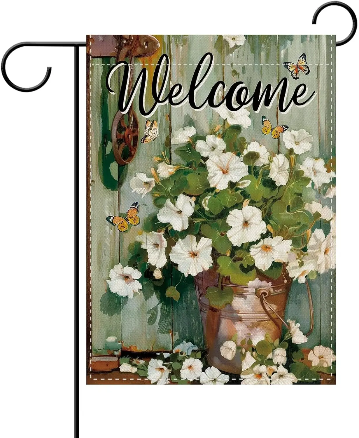 Dyrenson Welcome Spring Summer Petunia Flower Decorative Garden Flag, Vintage White Floral Butterfly Yard Outside Home Decor MMZ