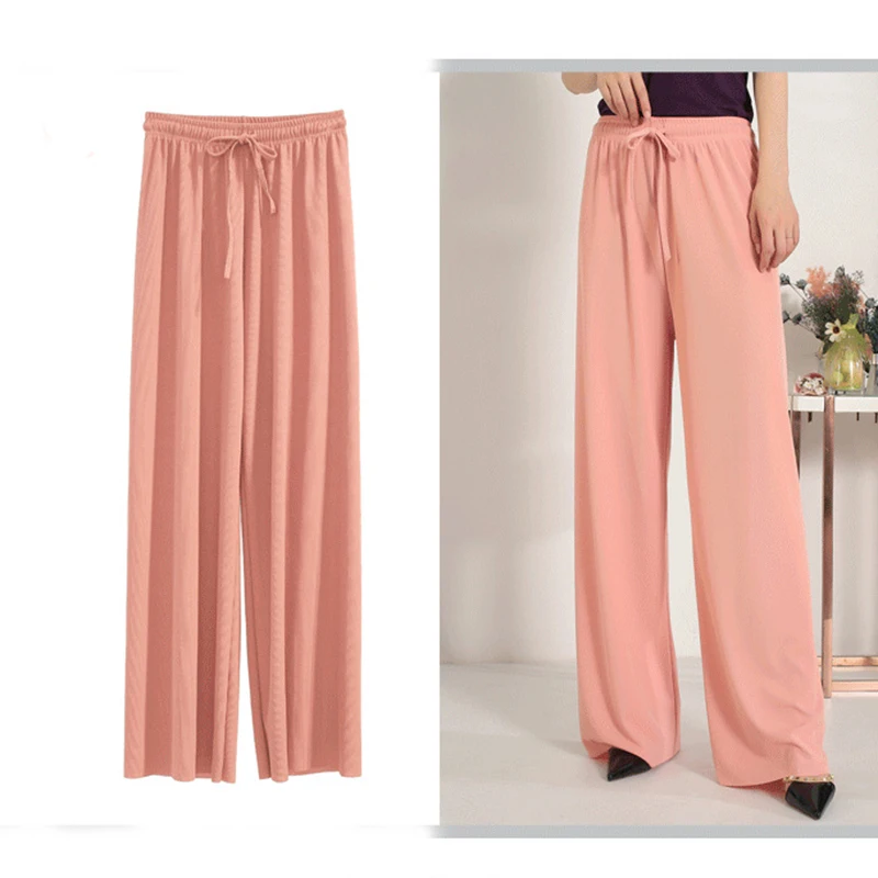 Women's Ice Silk Wide-legged Pants Summer High Waist Feeling Girls Students Nine Points Straight Skirt Thin Long Trousers Casual