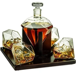 Diamond Whiskey and Wine Decanter750ml ，1 Pcs Diamond Glasses and Beautiful Mahogany Wooden Holder Liquor
