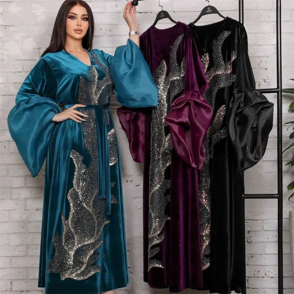

Velvet Abayas for Women Muslim Dress Sequin Puff Sleeve Dubai Kaftan Moroccan Ramadan Caftan Islam Jalabiya Eid Turkey Robe Gown