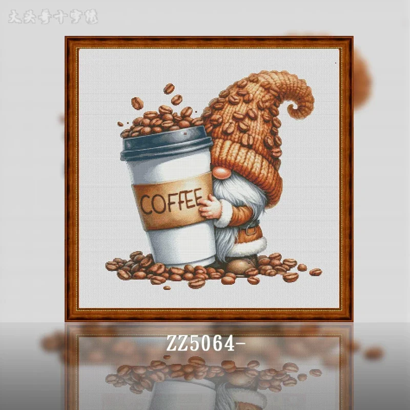 [ZZ5064-Coffee Dwarf] Stamped Cross Stitch Kit 14CT 16CT Pre Printed Canvas Cotton Threads Embroidery Needlework Home Wall Decor