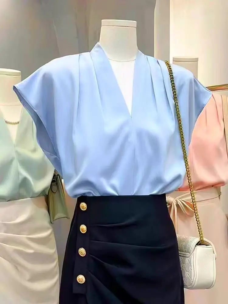 2025 verão novas senhoras blusas finas chiffon com decote em v cor sólida topos casuais moda coreana roupas simples para mulheres camisa popular