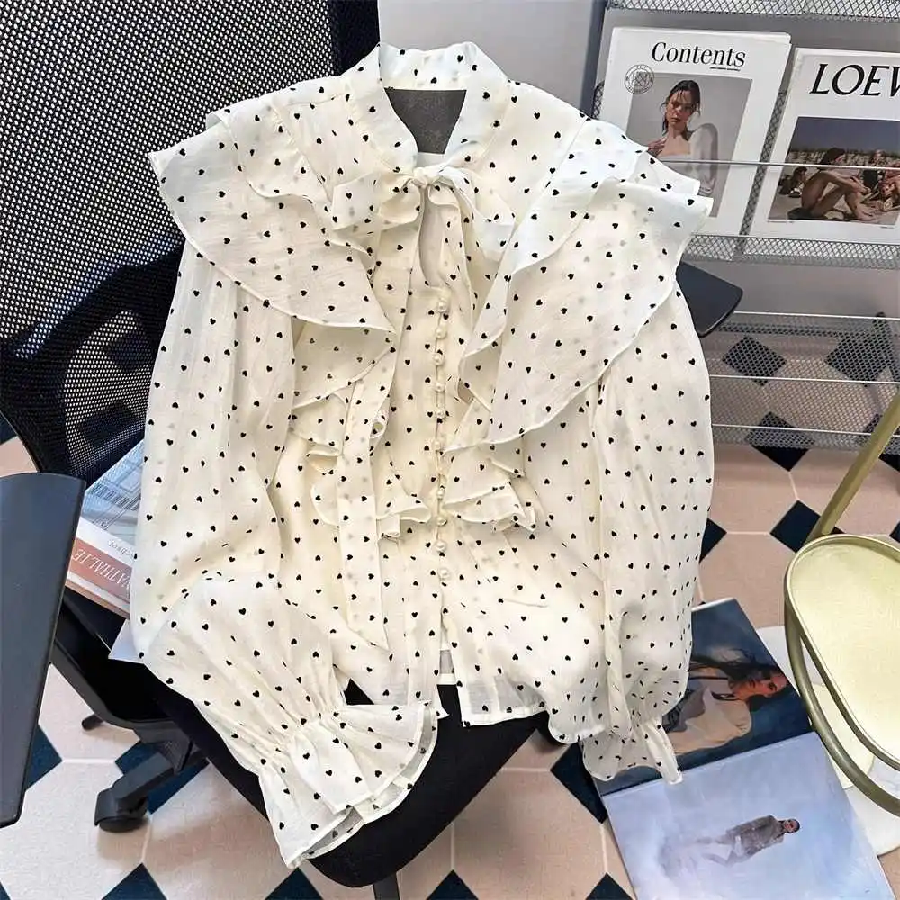 

Стильные женские рубашки на шнуровке в горошек, осенний шикарный дизайн с рюшами и длинными рукавами, мешковатый однобортный топ с круглым вырезом