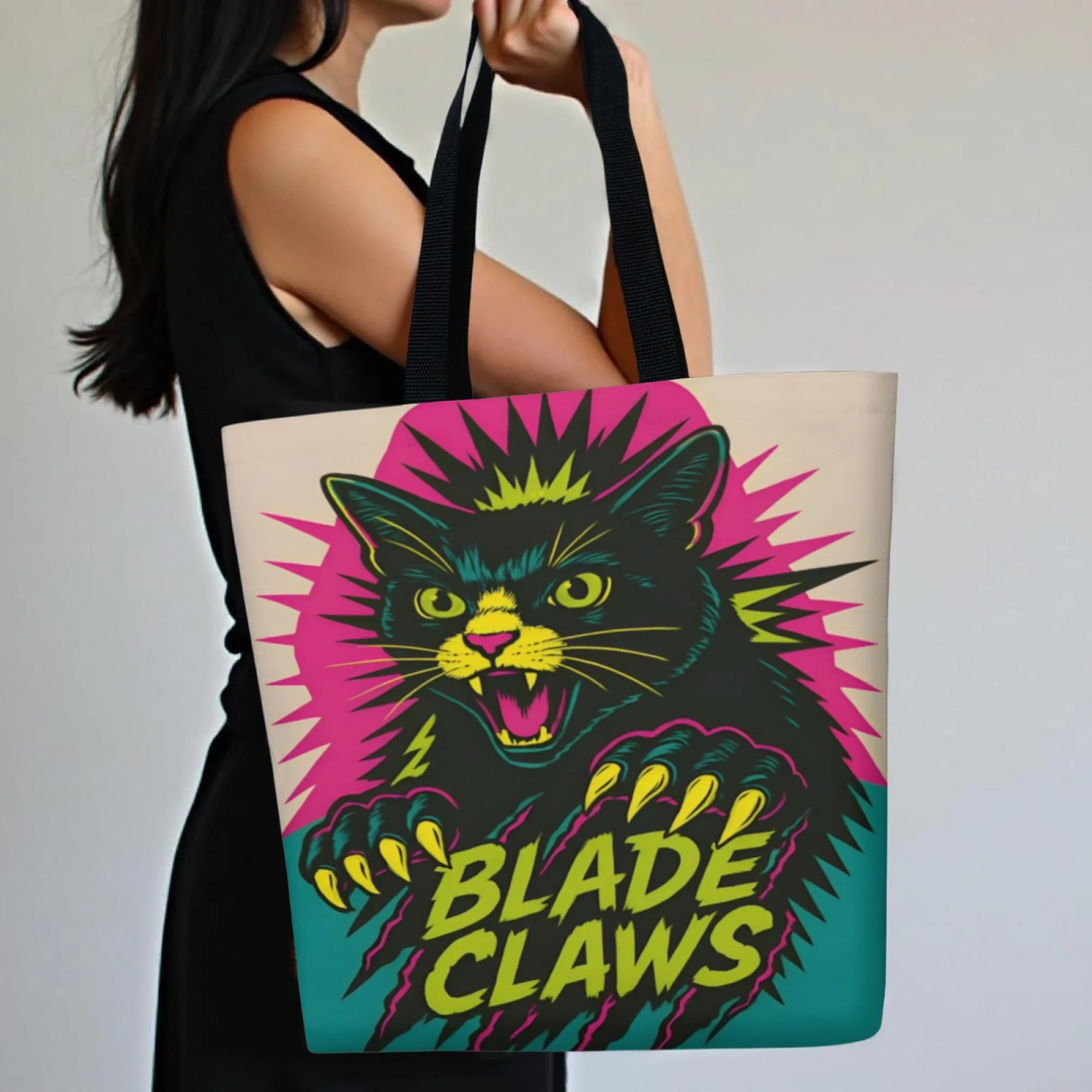 

Сумка-тоут женская в стиле панк из канваса с дизайном «Ревущий черный кот», принтом «лезвия и когти», повседневная уличная сумка через плечо