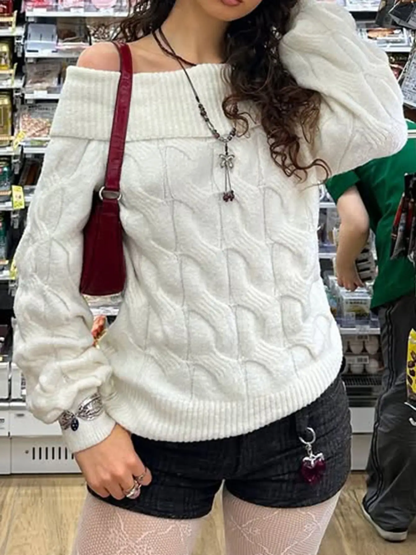 2025 Autumn/Winter Simple and Fashionable Off-the-Shoulder Long-Sleeved Sweater