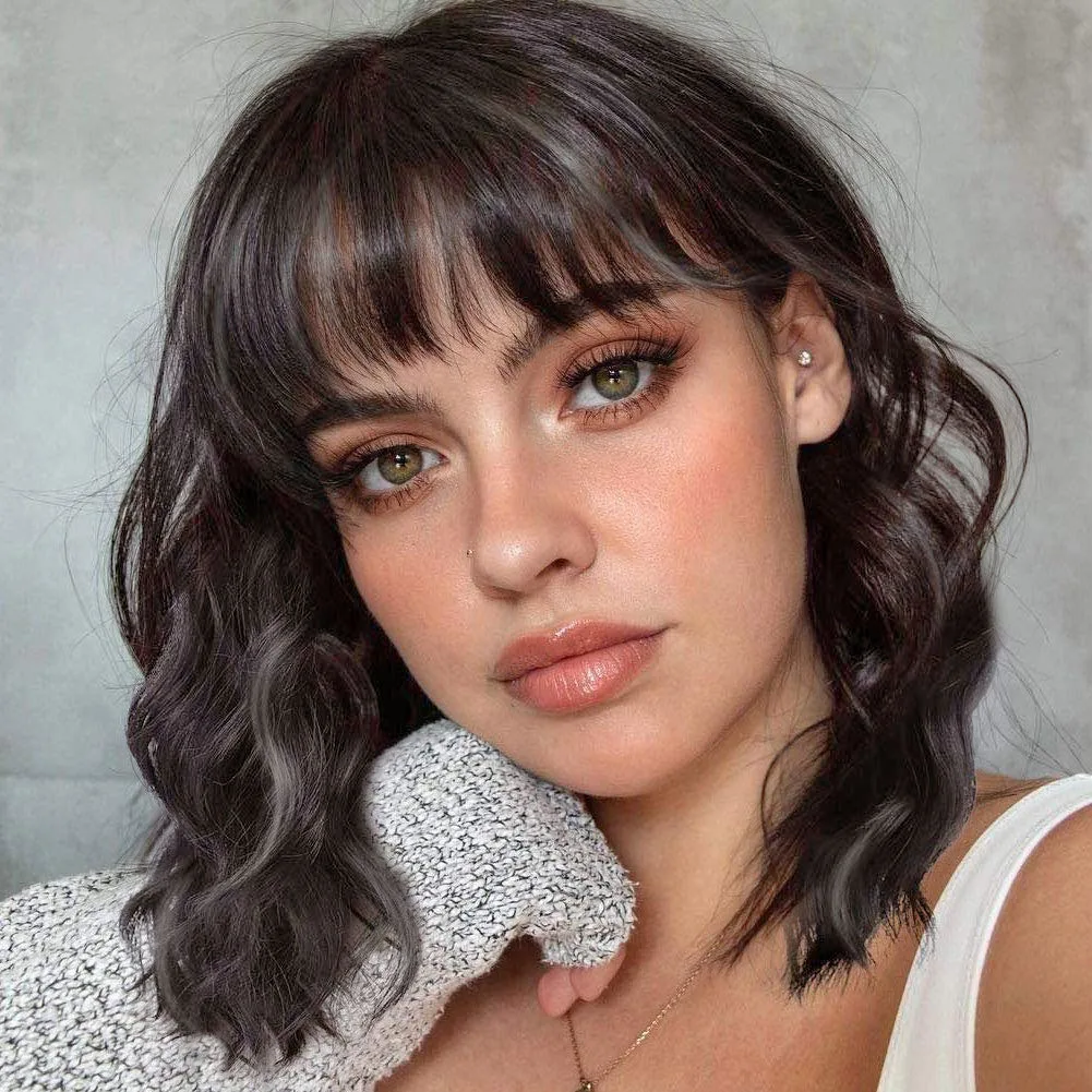 

GNIMEGIL Synthetic Short Mixed Brown Fake Hair Curly Wig with Bangs Natural Fluffy Water Wave Wig for Women Cosplay Daily Party