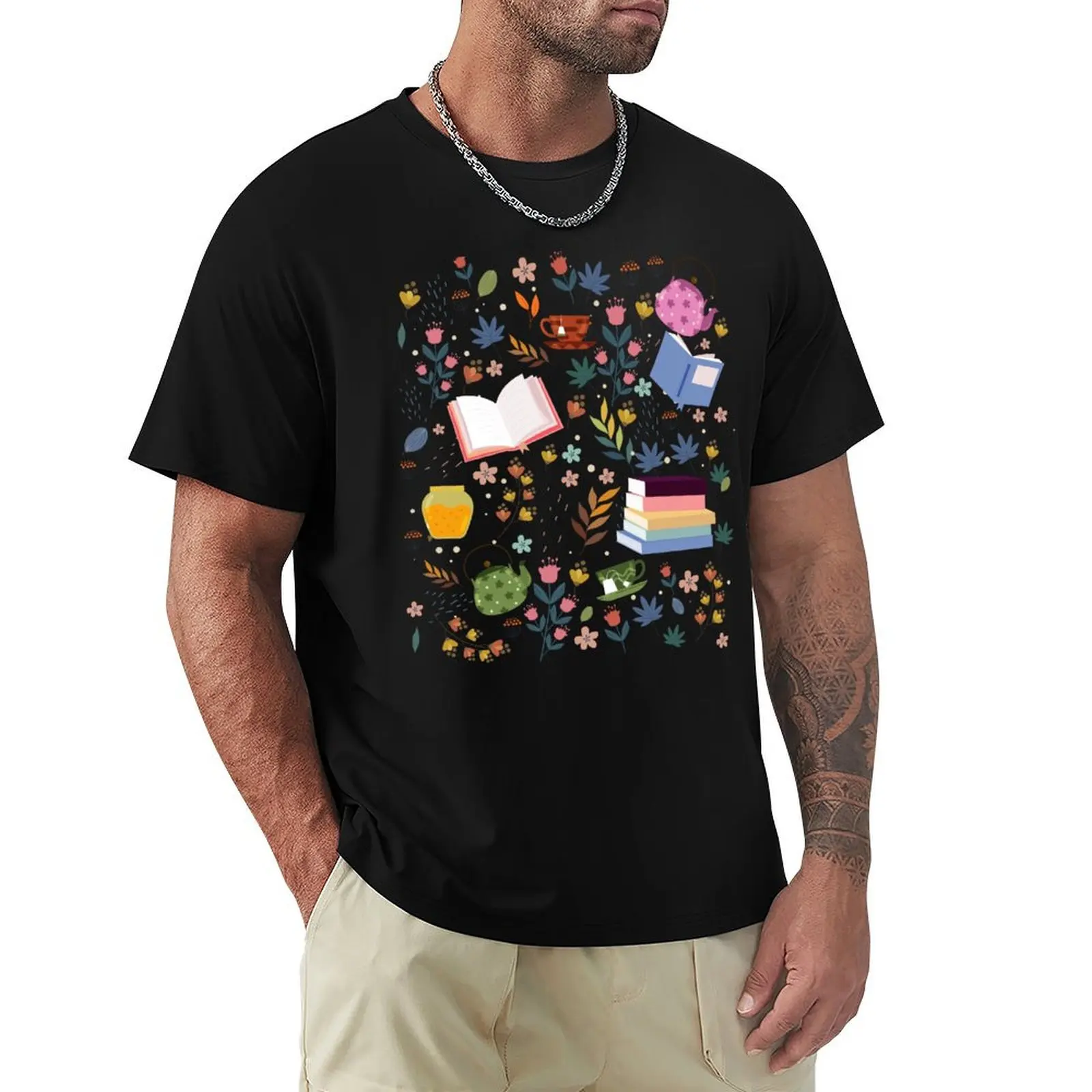 

flowery books and tea T-Shirt custom t shirt customizeds boys animal print funny shirt cotton t shirt for men