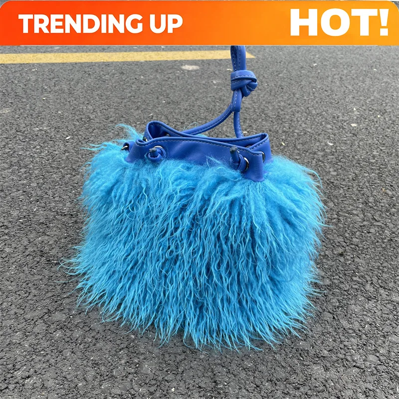 Imitation Wool Women's Plush Shoulder Bags Y2k Hot Girls Faux Fur Drawstring Bucket Bag Fashion Female Furry Purse Tote Handbags