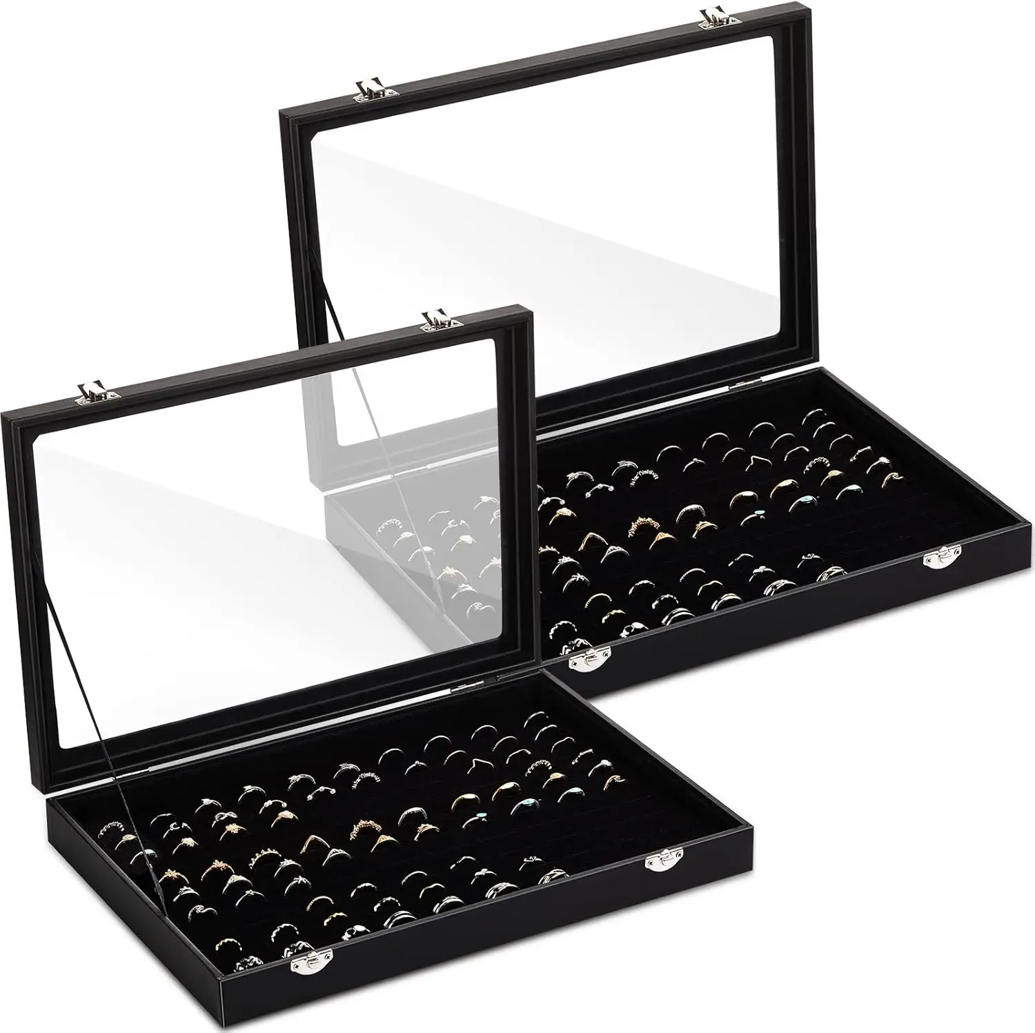 

2 Pcs 100 Slots Ring Organizer Box with Transparent Glass Lid Necklace Display Tray Ring Case Velvet Jewelry Holder (Bla