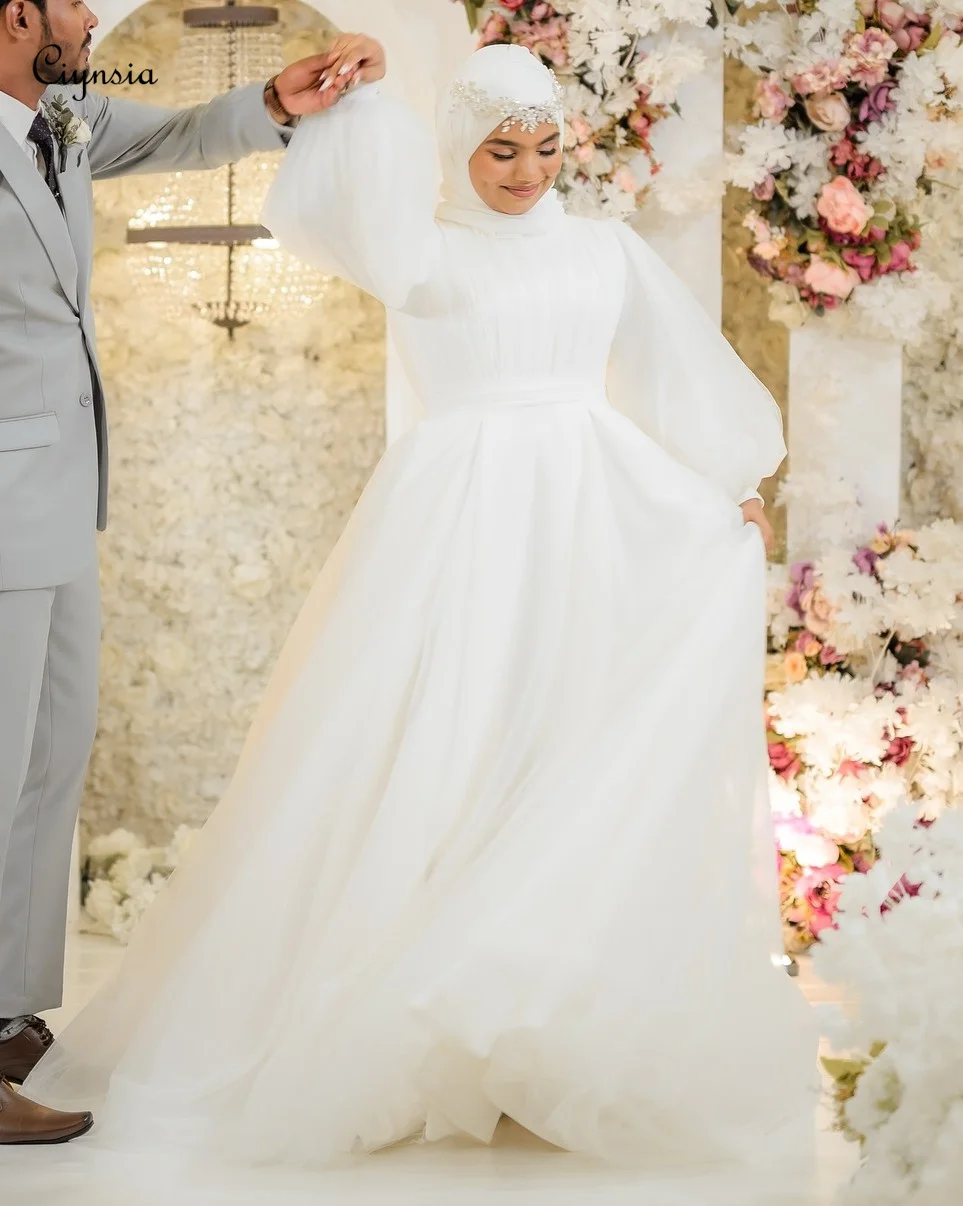 

Мусульманские свадебные платья Ciynsia по индивидуальному заказу 2026 Невеста А-силуэта из тюля с длинными рукавами Хиджаб Свадебные платья с фатой Robe De Mariée