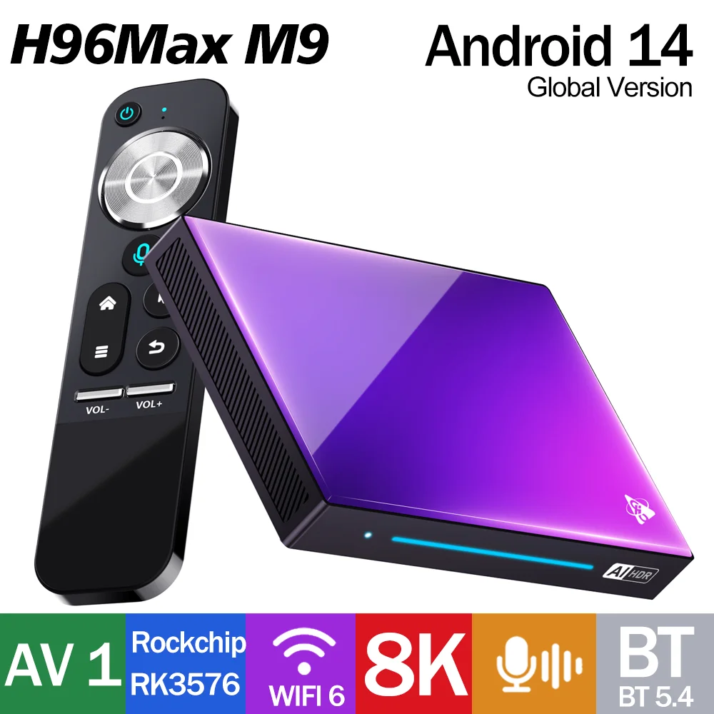 

H96 Max M9 Smart TV Box Android 14.0 8-Core CPU 6TOPS NPU AI TV Box SPIDF SOUND Set-top Box 8k Ultra HD Output 1000M/LAN AV1