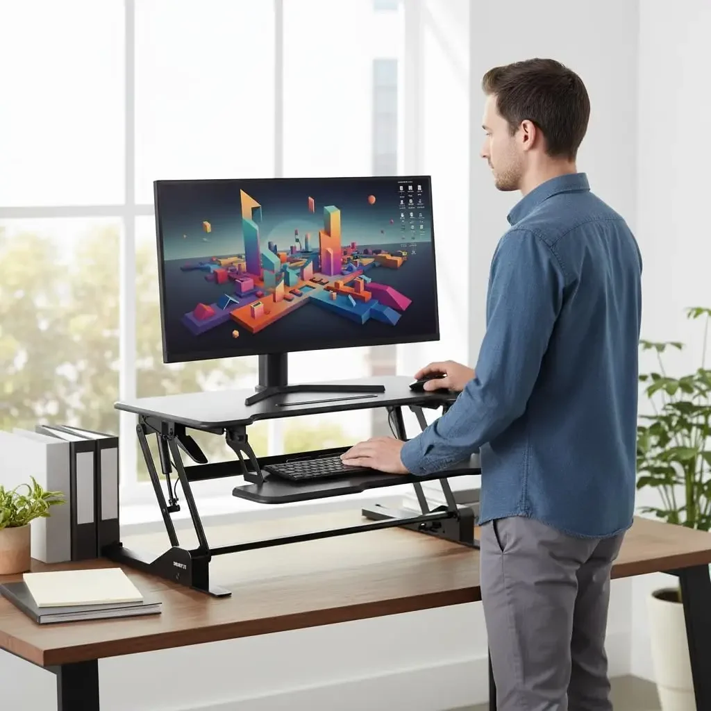 38 Inch Standing Desk Converter - Gas Spring Sit Stand Desk Riser for Dual Monitors - Height Adjustable Desktop Workstation with