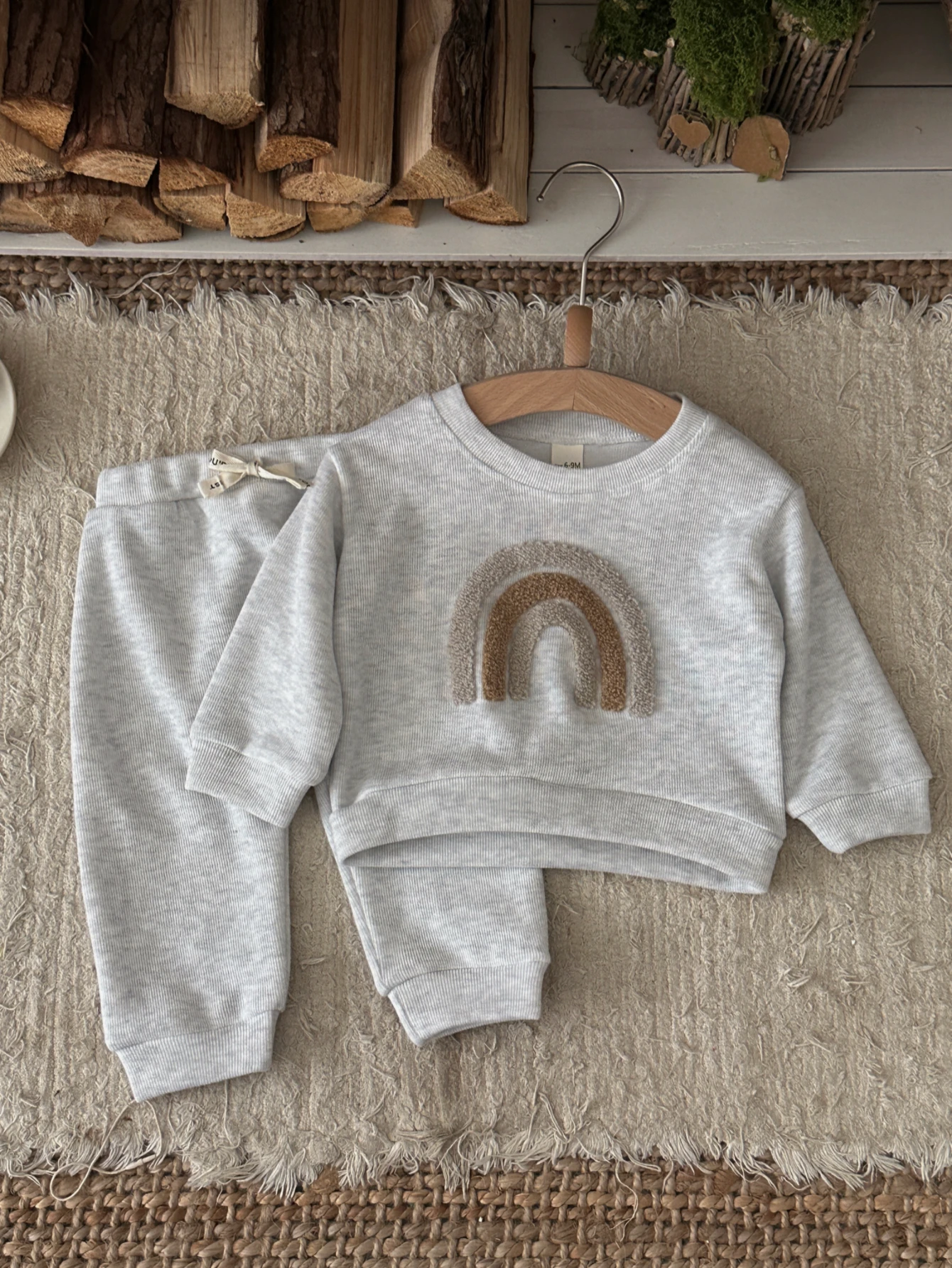Neutral Gray Heather Rainbow Embroidery Toddler Tracksuit Breathable Knit Long Sleeve Top Pants Baby Daily Wear Outfit