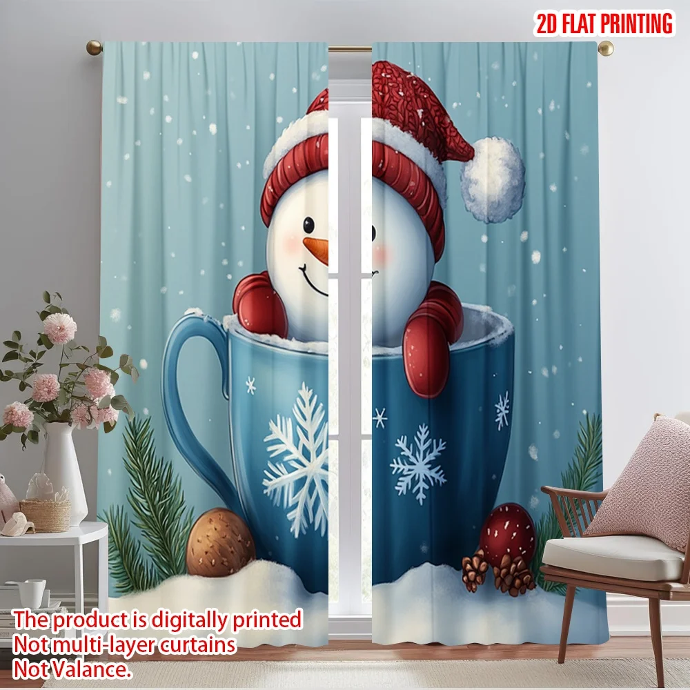 2pcs,2D plane printing Pattern Curtains Cute Snowman Coffee Mug Christmas (3) Durable 100% Polyester Fabric (without rod) Home
