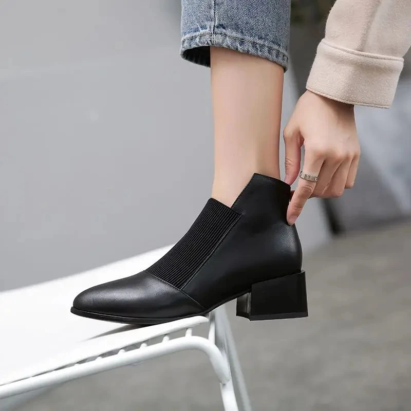 4CM Pointed Toe Footwear Women Ankle Boots Elegant With Medium Heels Elastic Black Work Short Shoes For Women Booties Boot Chic