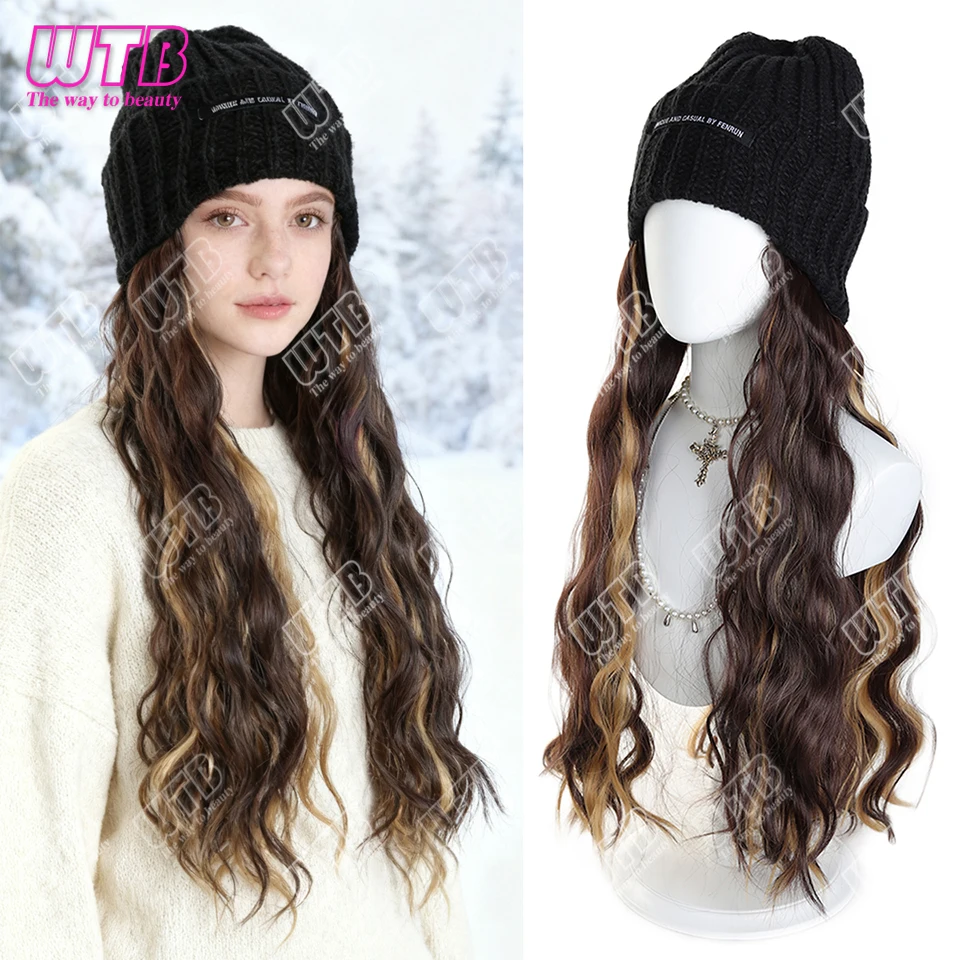 Synthetic hat wig 22 inch knitted hat with long curly hair hat wig, wavy wig, winter wig, Black knitted hat Christmas outfit