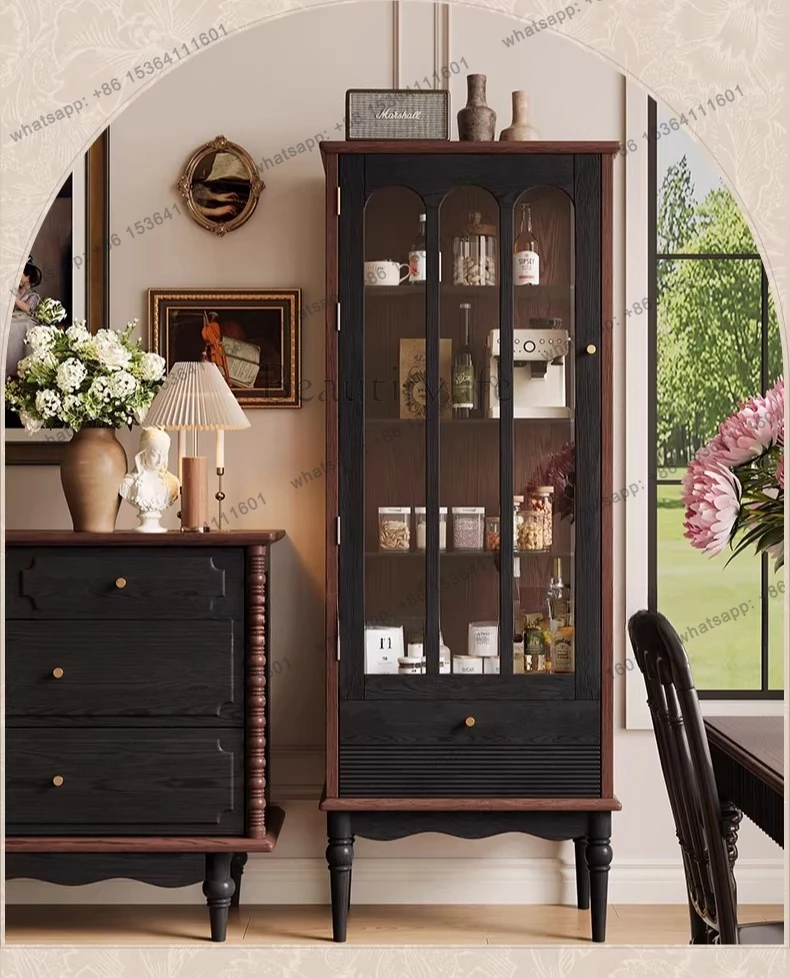 French retro style solid wood wine cabinet, antique glass door display storage cabinet