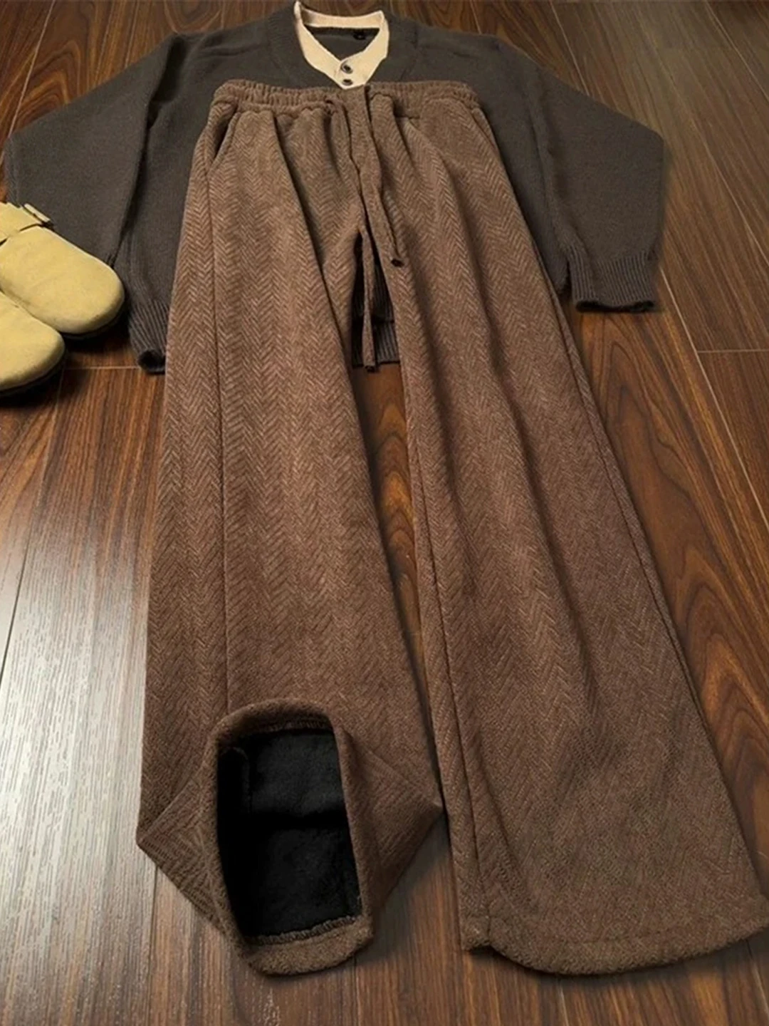 Deep Brown Plaid Fleece Lined Knitted Casual Pants Men's Straight Leg Retro American Style Autumn Winter Comfortable Sweatpants