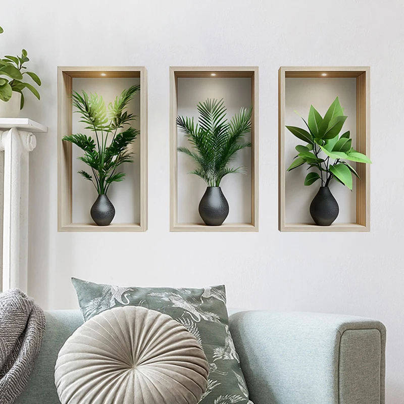 Green Plants Wall Sticker Potted Mural Simulation Painting For Living Room Home Decor Background Wall Art Removable Decals