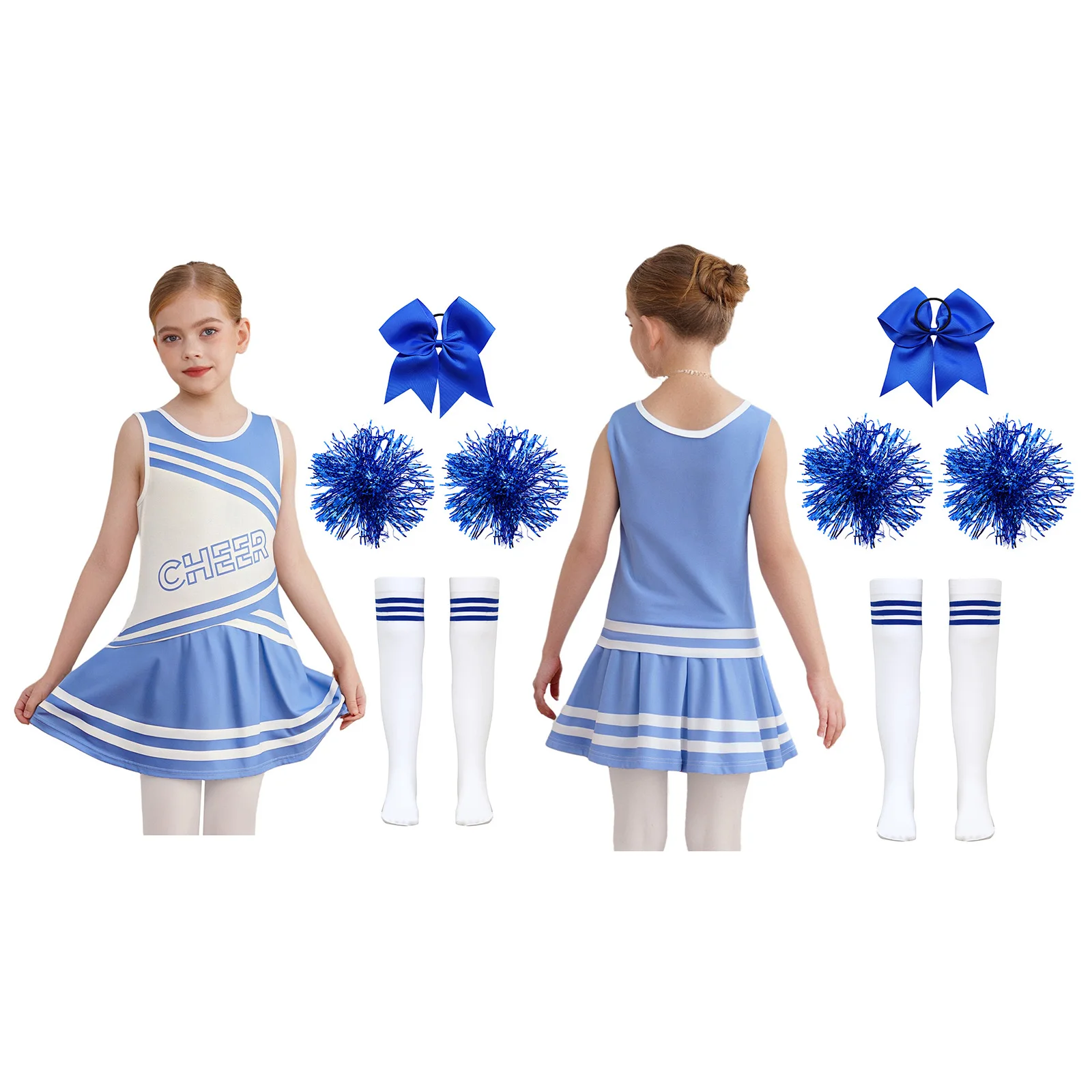 Cheer Leader-Kostüm für Mädchen, Uniform-Set, ärmellose Oberteile mit Rundhalsausschnitt, Faltenrock und Haargummis, Stirnband, Blumenkugeln, Socken