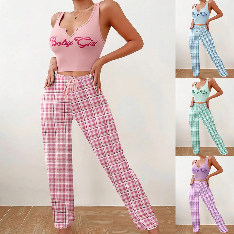 

Summer Ladies 2 Piece Homewear Pajama Set Vest Colour Block Plaid Trousers Letter Printed Top Ladies Pajamas Homewear Casual Set