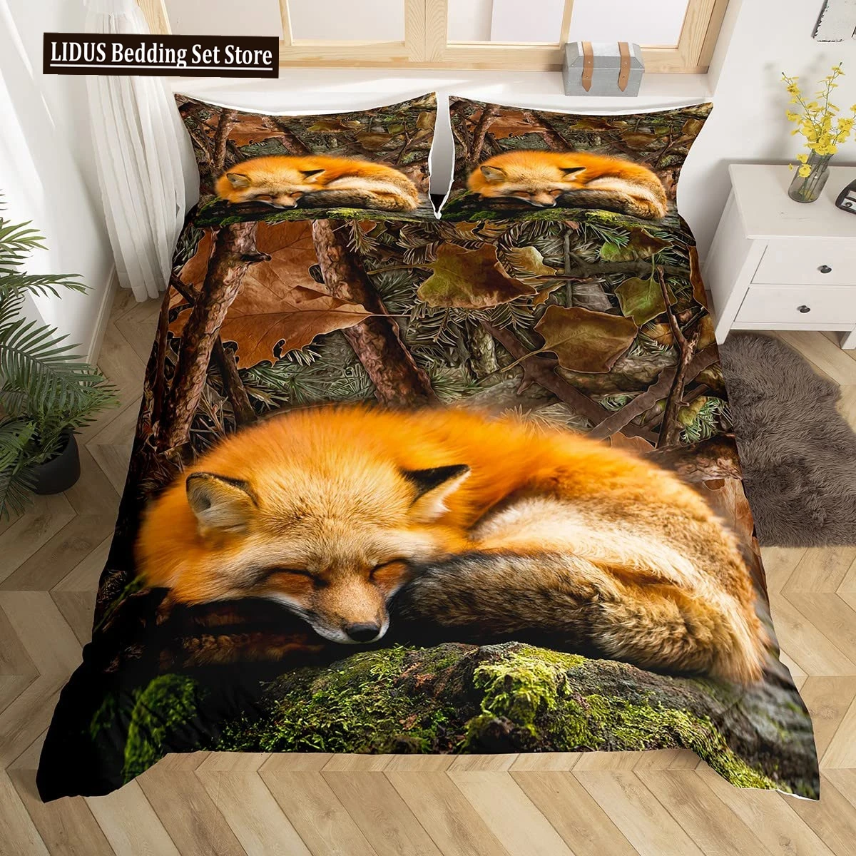 

Fox Duvet Cover Tree Branch Camo Bedding Set Jungle Wild Animal Woodland Hunting Boys Teen Men Rustic Farmhouse Bed Set Autumn