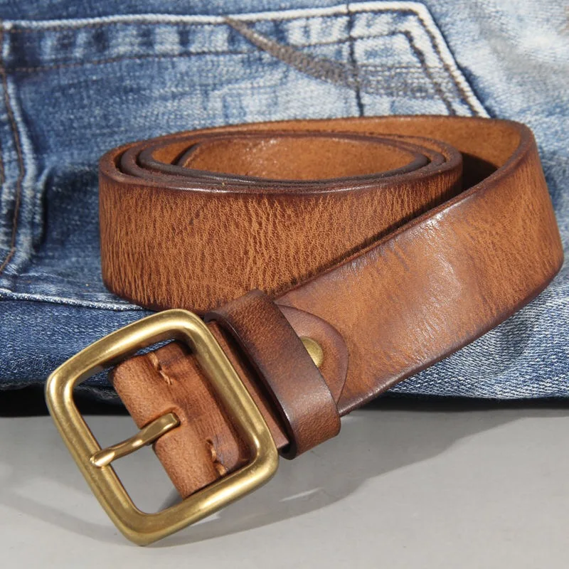 Classic Retro Men's Top Grain Genuine Leather Belt Simple Casual Business Jeans Belt Versatile Solid Brass Slide Buckle Daily We