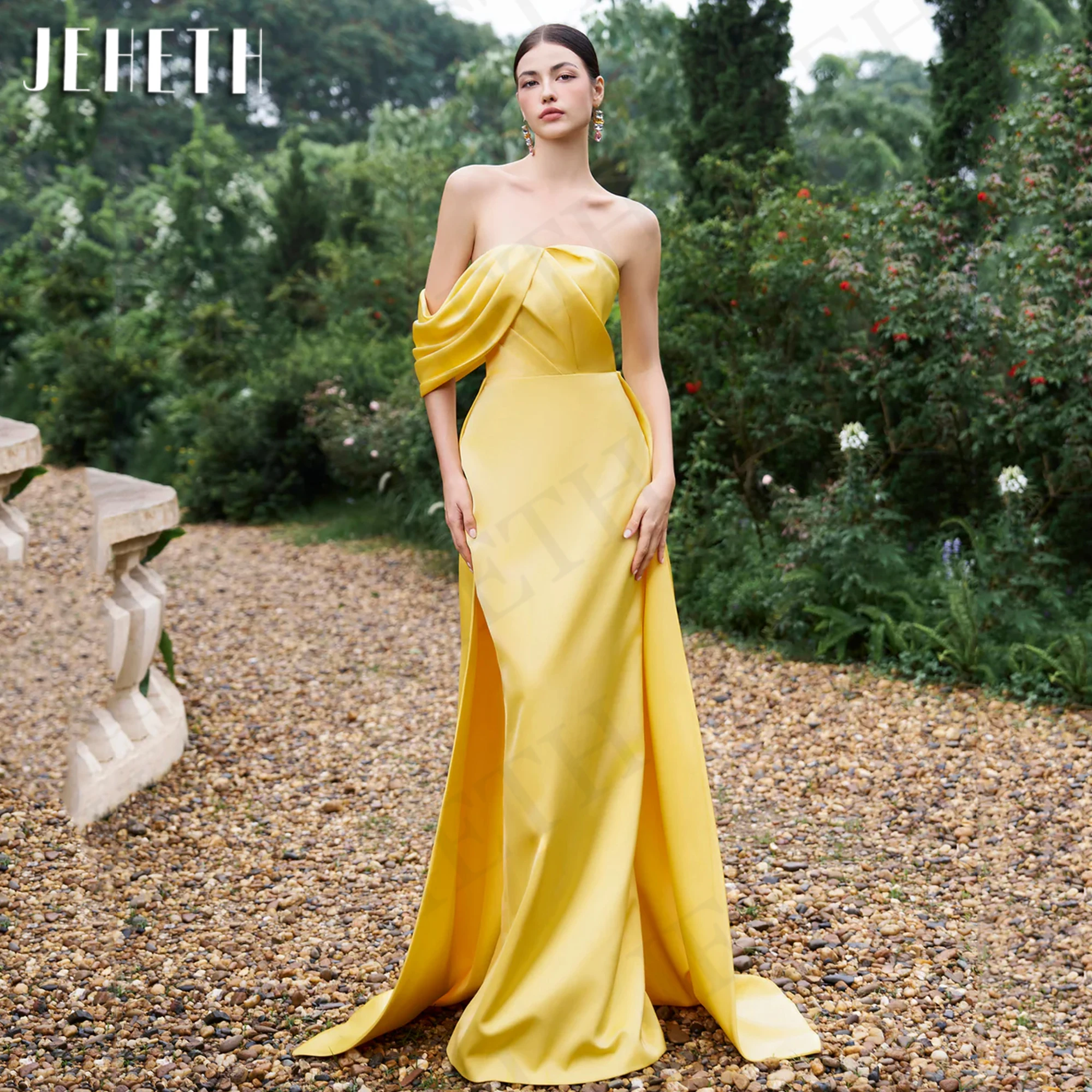 

JEHETH Satin One Shoulder Evening Dresses Mermaid Simple Detachable Train Party Dress Women Elegant Gold 2024 vestidos de noche