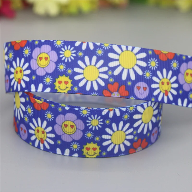 DHK 7/8\'\' 5yards Flower Sunflower Printed Grosgrain Ribbon Accessories Material Headwear Decoration DIY Sewing Craft C2057