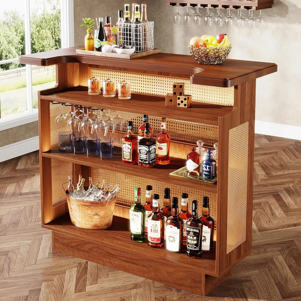

Rattan 4-Tier Home Bar Cabinet with Mini Table, Wine Rack, and Glass Holder