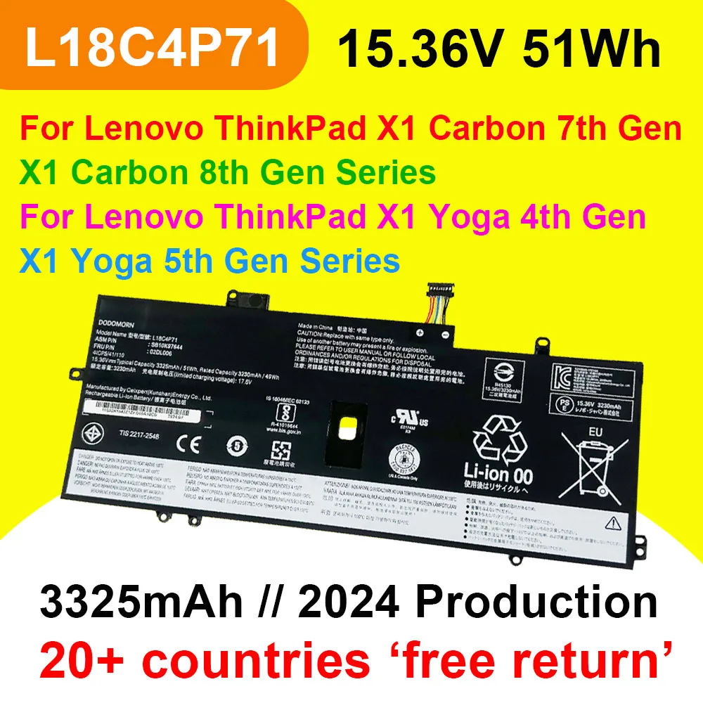 

L18C4P71 For Lenovo ThinkPad X1 Carbon 7th/8th Gen 2019 2020,X1 Yoga 4th/5th Gen Laptop Battery SB10K97644 02DL006 L18L4P71