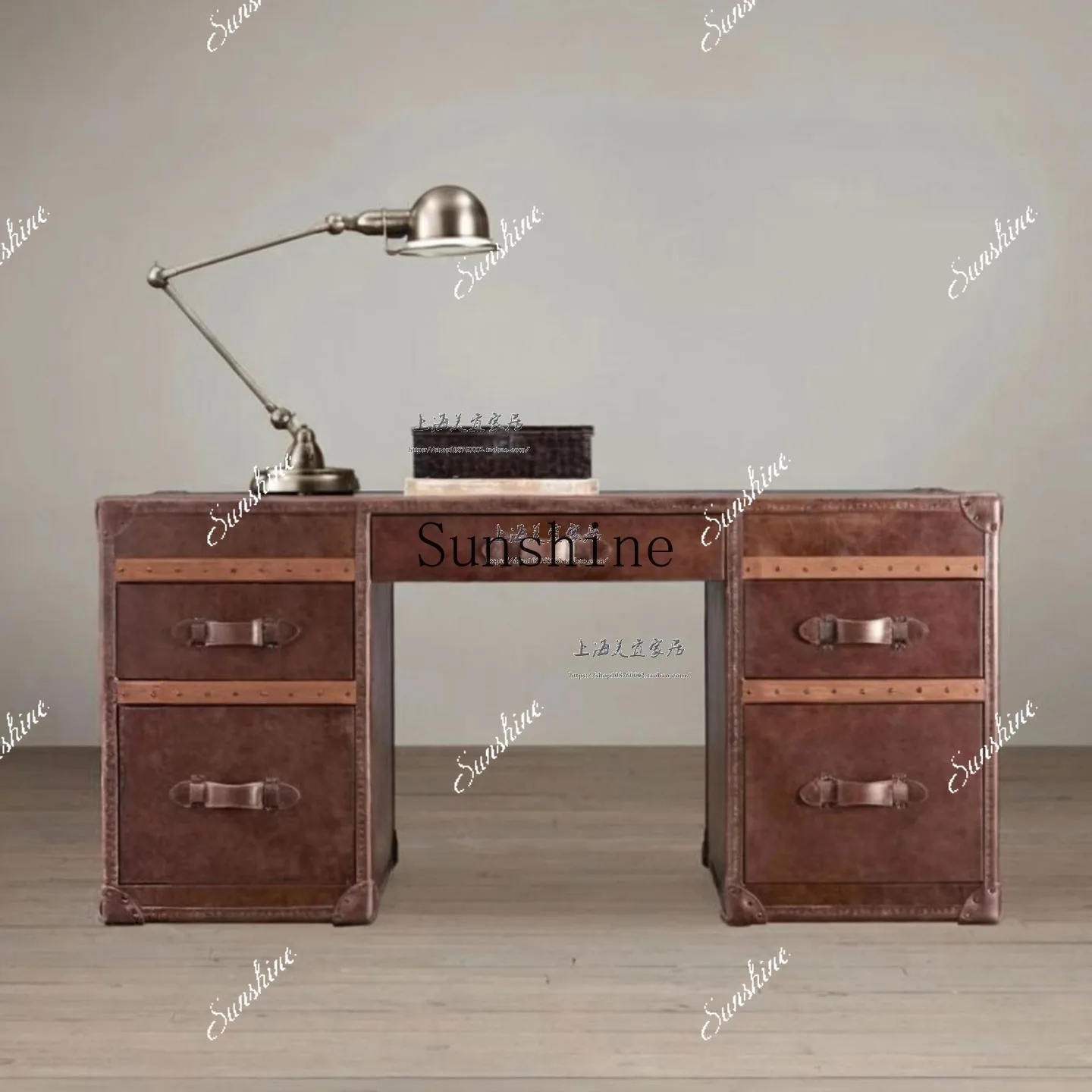 

American oil wax leather full soft bag villa study desk computer desk FT