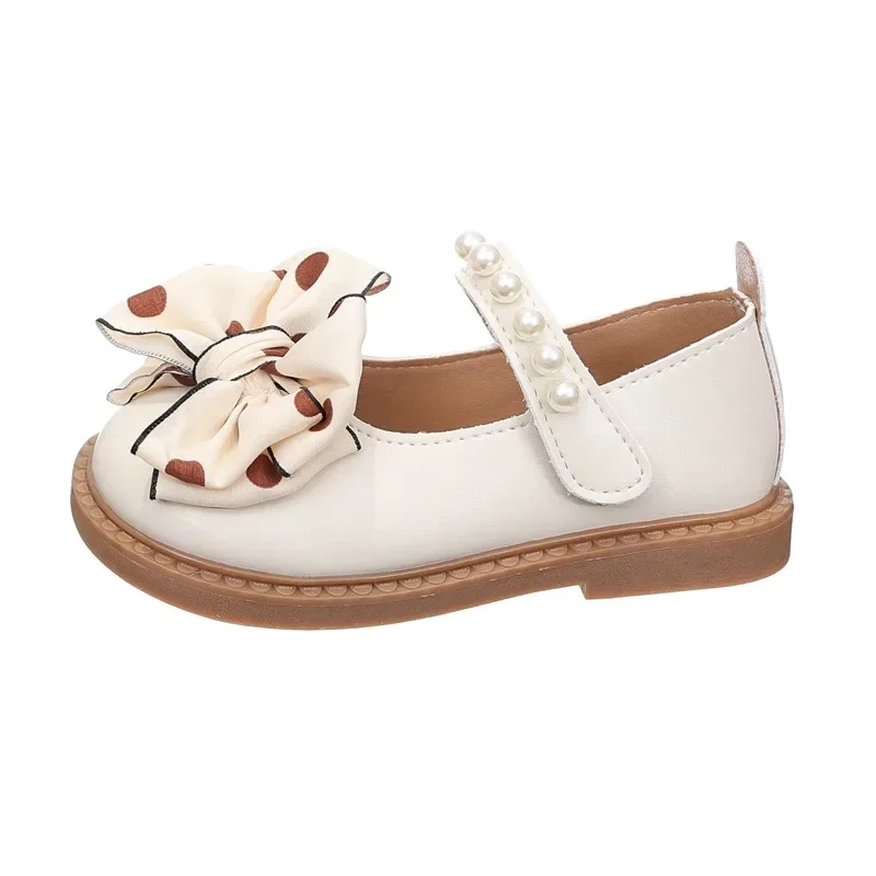 

Fashion Shoes for Girl Children Shoes Bowtie Princess Dress Flats Toddler Kids Soft Sole PU Leather Black Beige