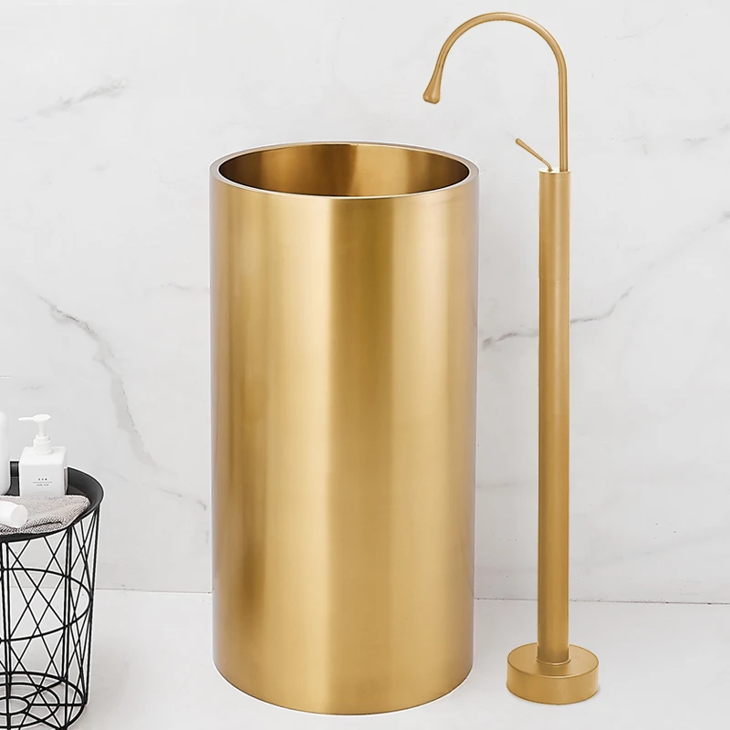 

304 stainless steel circular washbasin hotel KTV light luxury ins gold column basin floor standing washbasin