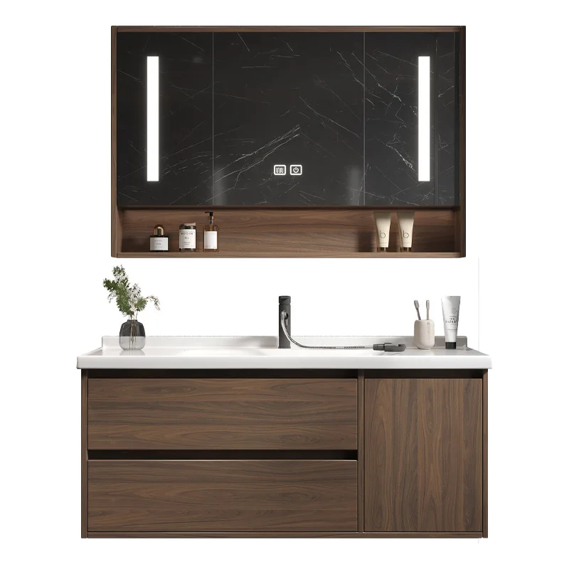

Internet celebrity Chinese solid wood walnut ceramic integrated basin bathroom cabinet combination bathroom basin cabinet washst