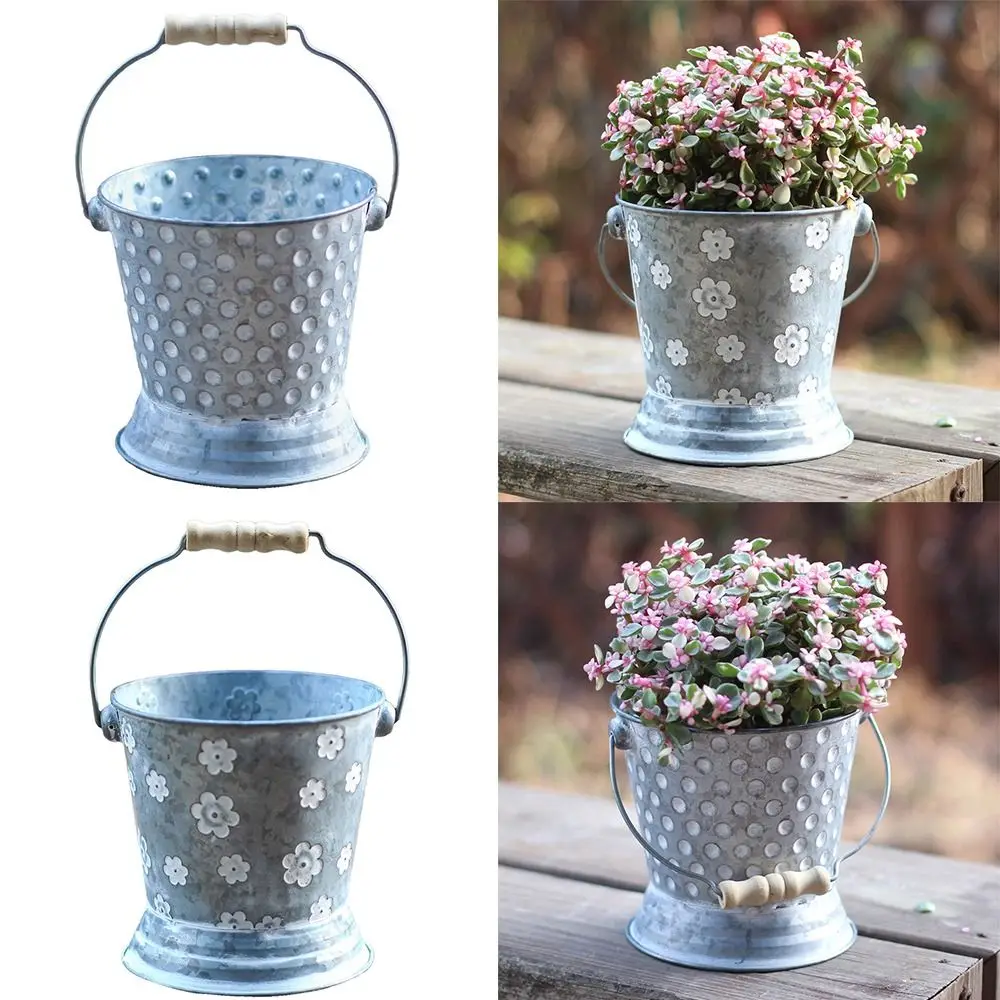 Retro Style Iron Art Handled Flowerpot Base White Dot Flower Bucket Garden Ornament Home Decoration Flower Pot