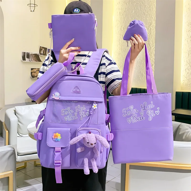 

Новый ученический рюкзак из пяти предметов, милый мультяшный рюкзак с кроликом для девочек-подростков, повседневный школьный рюкзак