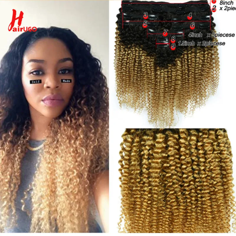 HairUGo-Extensions Capillaires Naturelles à Clips, Cheveux Crépus Bouclés, T1B/27, 9 Pièces/Ensemble, Tête Complète